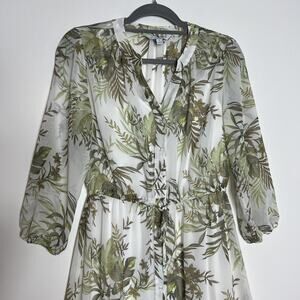 41 Hawthorn Green Floral Leaves Print Button Down Lined Sheer Dress Size S